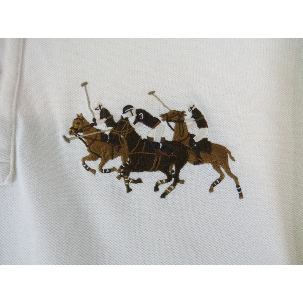 Polo‎ Ralph Lauren XL Big 3 Horsemen Embroidered Polo Shirt Cream Cotton Vintage - Picture 2 of 9